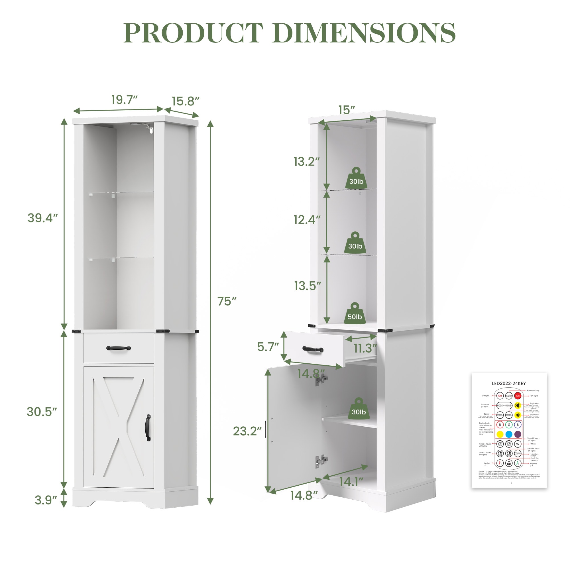 75'' Tall Storage Cabinet With LED Light, Farmhouse Pantry Cabinet With Tempered Glass Adjustable Shelves & Barn Door, Freestanding Linen Tower For Bathroom, Living Room, Kitchen, White_voghion.com